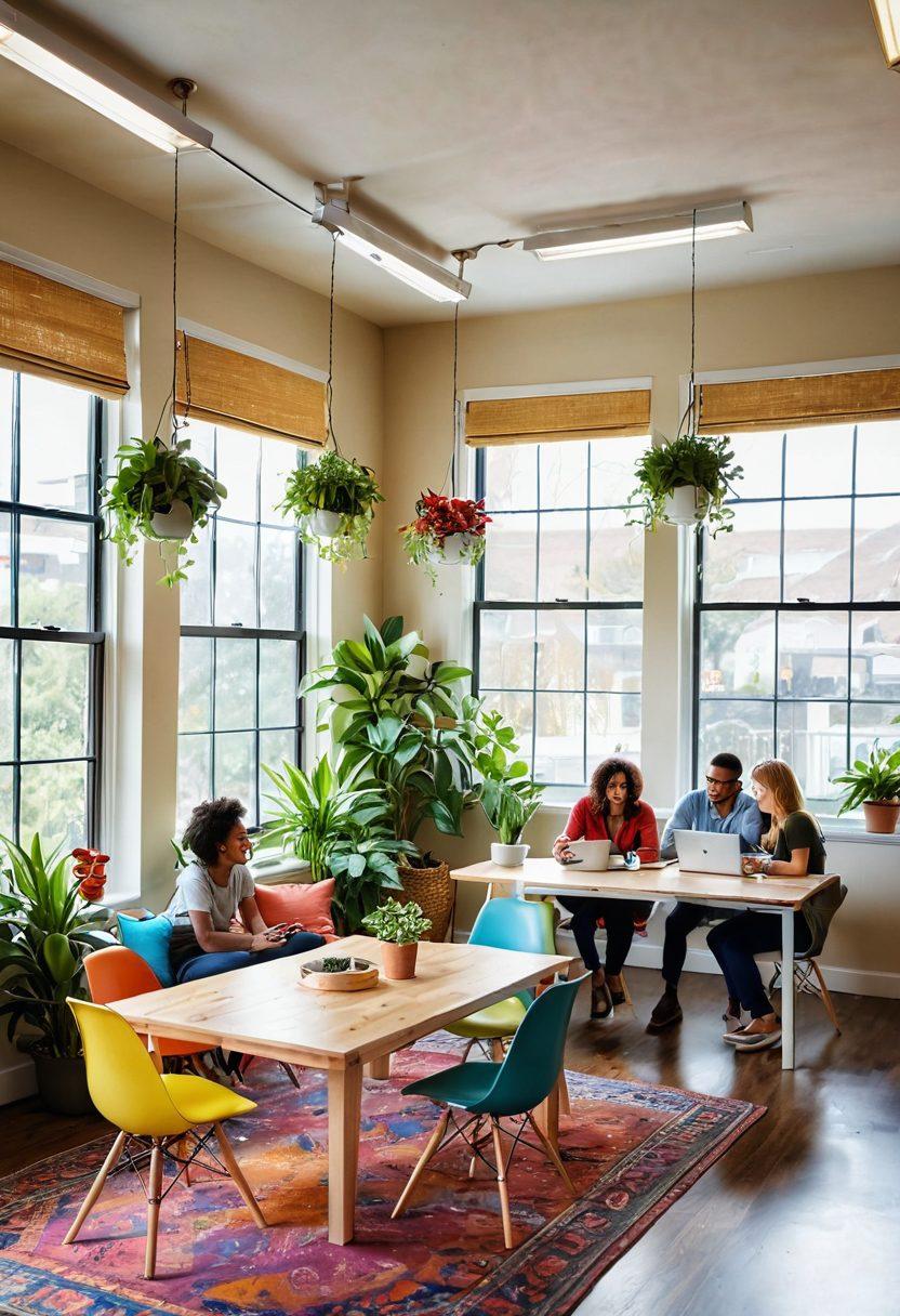 A bright and inviting office space filled with happy, diverse employees collaborating joyfully around a large table, surrounded by plants and colorful decor. Include uplifting elements like motivational posters, a cozy break area with bean bags, and sunlight streaming through large windows. Capture the essence of lighthearted teamwork and positive energy. vibrant colors. super-realistic.