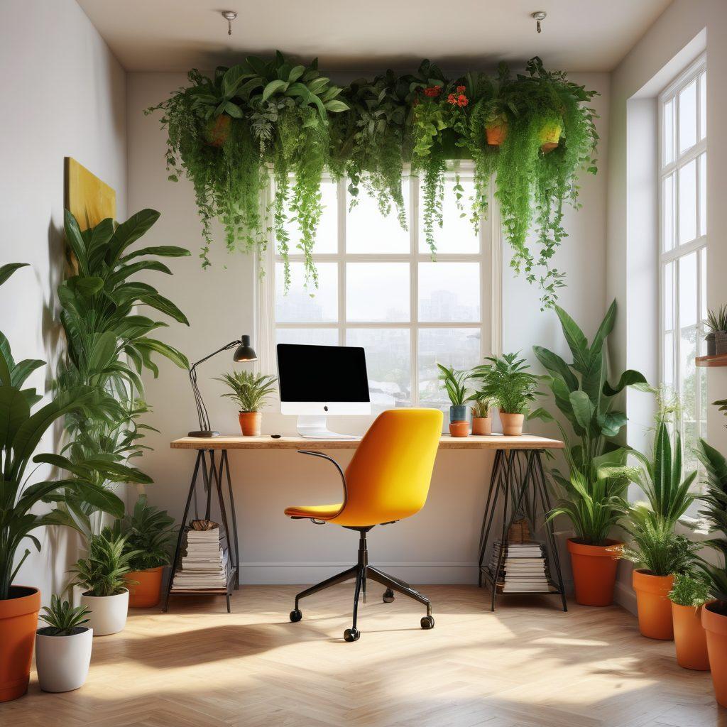 An inspiring workspace filled with natural light, showcasing a person joyfully balancing work and play. Vibrant plants symbolize growth while a balanced scale represents harmony in career and life. Include motivational quotes around the walls for an uplifting atmosphere. The overall mood should be encouraging and positive. super-realistic. vibrant colors. 3D.