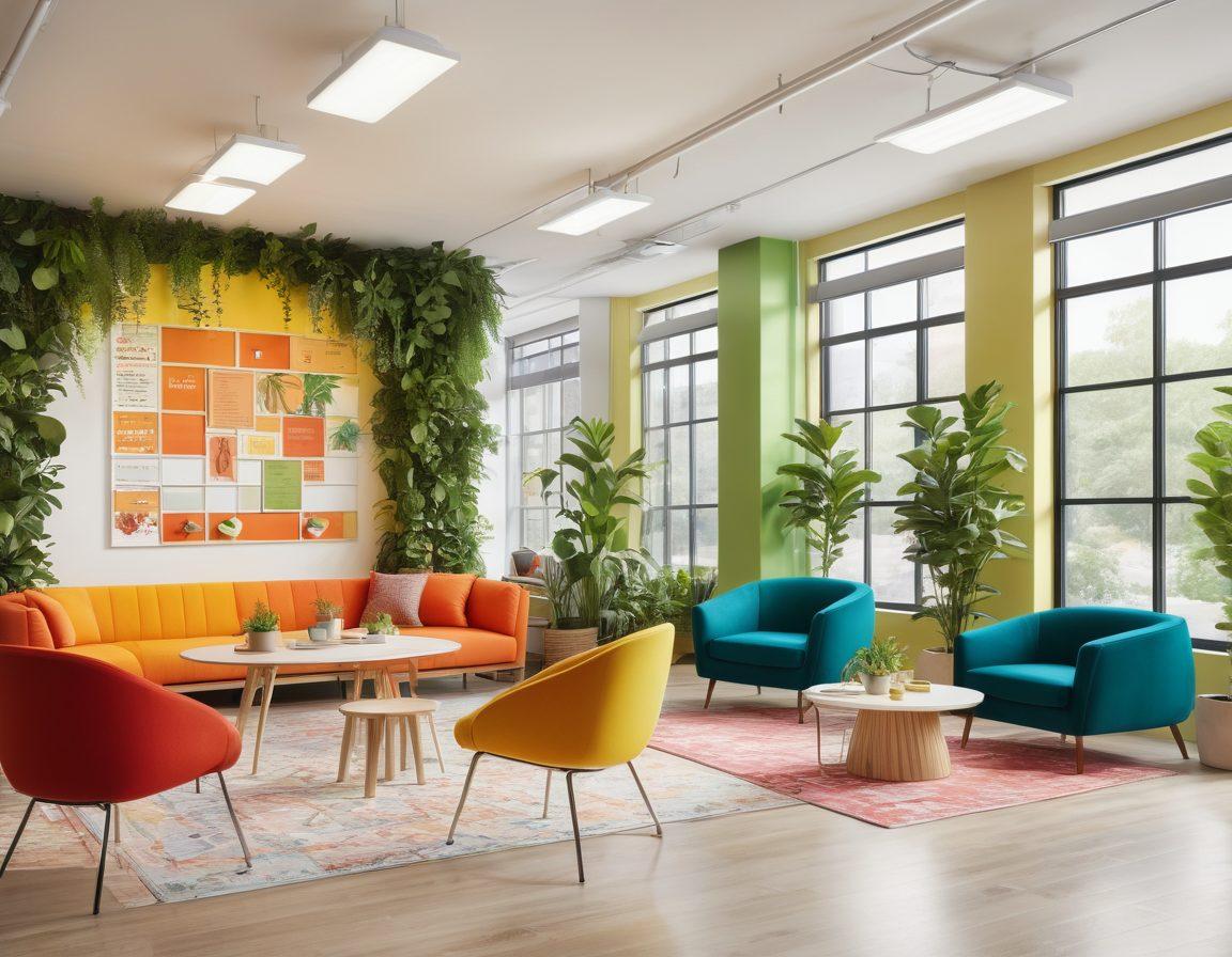 A vibrant office space filled with greenery and bright colors, showcasing diverse employees working joyfully together. Include elements of collaboration like brainstorming sessions, cheerful interactions, and motivational quotes on the walls. Create an inviting atmosphere with natural light streaming through large windows and cozy seating areas. Bright and uplifting. super-realistic. vibrant colors.